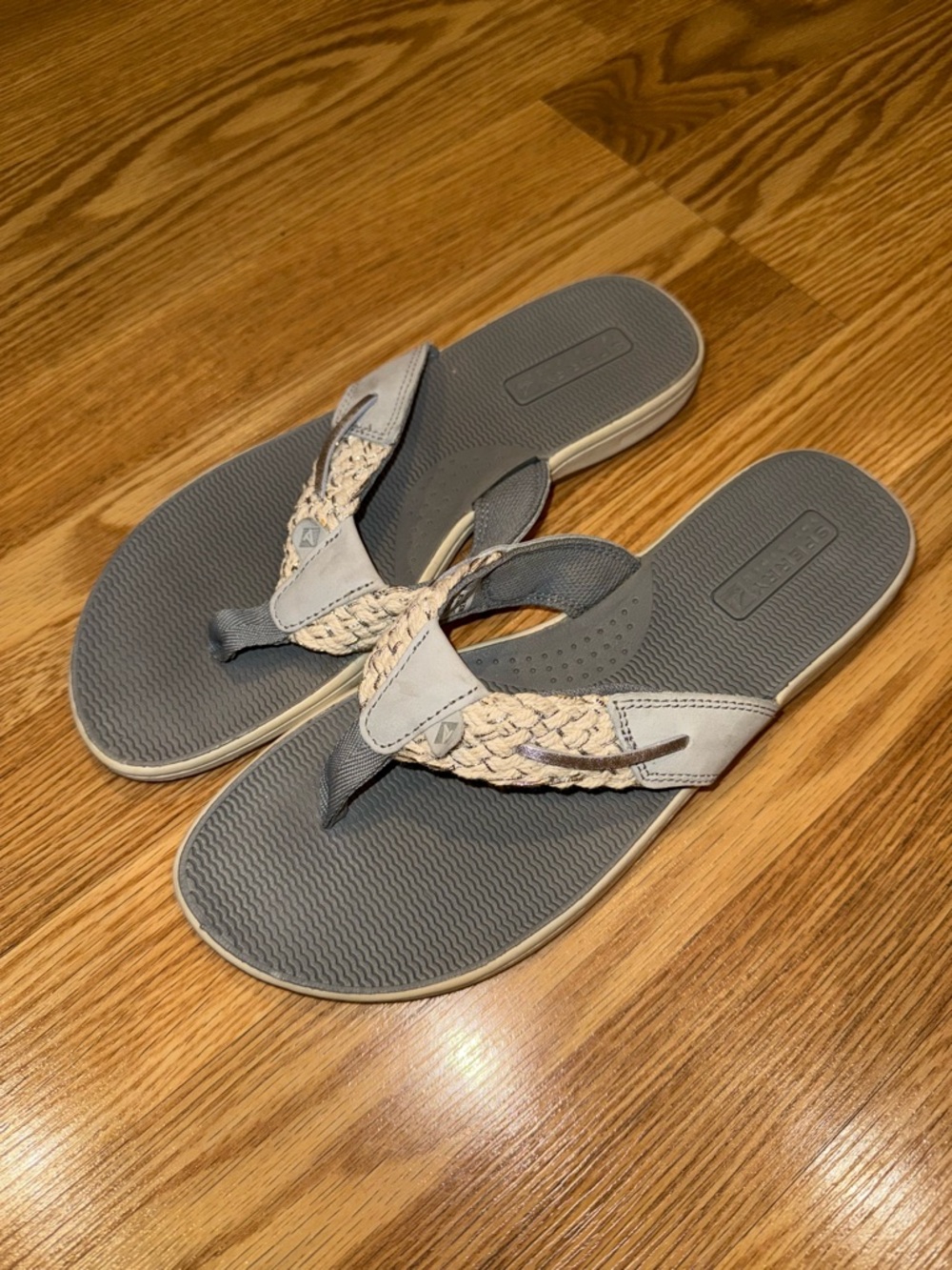 Sperry Gray Footbed‎ Braided Tan Strap Flip Flops sz 9.5